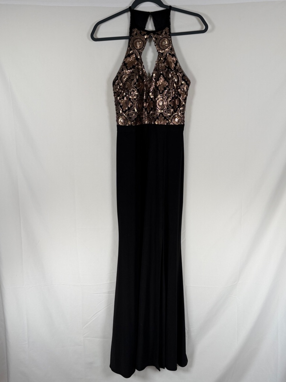 Black and Gold Sequin Halter Evening or Prom Dress